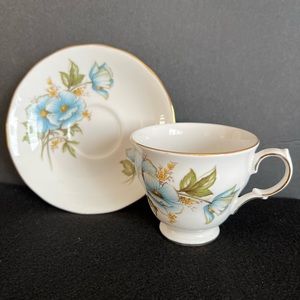 Vintage 1950’s Queen Anne Bone China cup and saucer Blue Wild Rose